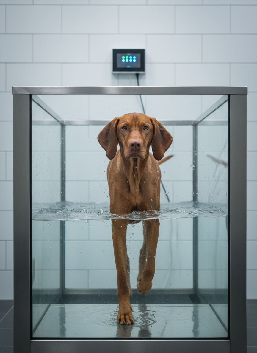 An athletic Vizsla confidently trotting on a professional underwater treadmill for dogs, water reaching mid-leg level, small ripples forming around each step, its reflection visible in the transparent glass side panels. Behind the treadmill, a minimalist white-tiled wall and a discreet control panel with softly glowing indicator lights suggest advanced, specialized equipment. Cool, clean overhead lighting combines with subtle side illumination to create clear visibility of muscle movement through the water without glare on the glass. Photographed in high-resolution photographic realism from a straight-on eye-level view through the side panel, the composition keeps the dog centered with strong horizontal lines, conveying high-tech, evidence-based rehabilitation and a dynamic yet controlled, optimistic atmosphere.