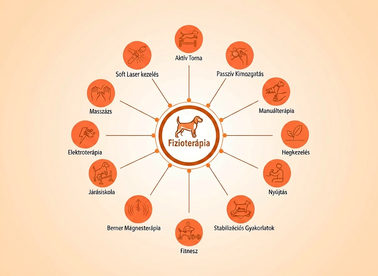 Letisztult, világos hátterű, modern infografika kutya fizioterápiás szolgáltatásokról. A középpontban egy egyszerű, barátságos kör alakú ikon/logó jelzi a fizioterápiát, innen vékony, rendezett vonalakkal kapcsolódnak körben kisebb ikonok és feliratok magyarul: "aktív torna", "passzív kimozgatás", "manuálterápia", "hegkezelés", "asszisztált gyakorlatok", "nyújtás", "járásiskola", "stabilizációs gyakorlatok", "soft lézer kezelés", "Bemer mágnesterápia", "ingerkezelések", "nyirokmasszázs". A színek pasztell zöld és kék árnyalatok, fekete szöveggel, professzionális, de barátságos orvosi rendelői hangulatban, tiszta vonalvezetéssel, könnyen olvasható tipográfiával.