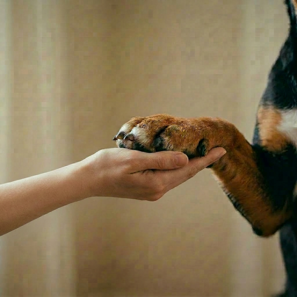Person holding a brown dog's paw indoors
